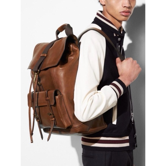 Coach Bleecker Leather Drawstring Classic Heirloom Backpack Fawn Dark Saddle - Picture 13 of 15